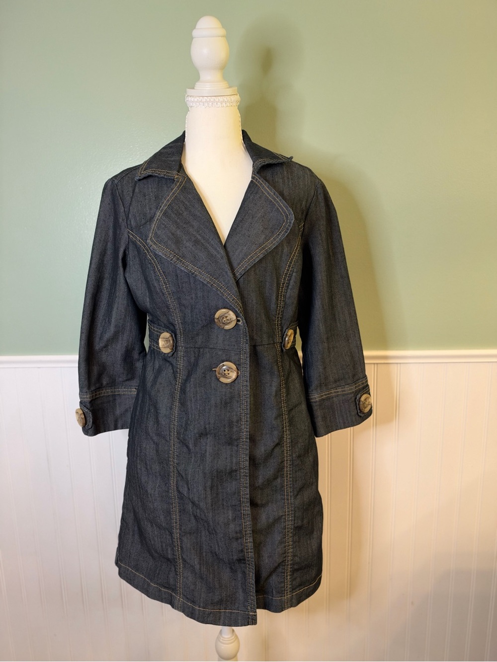 Baccini Dark Blue Denim Pleated Bottom Trench Coat. Size S
